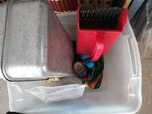 lot 613 image: Tote With Old Toolbox, Straps, Knockout Punch, And Filter Scoop