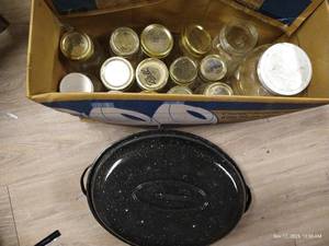 lot 638 image: Enamel Roasting pot With Box Of Misc. Jars