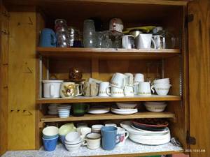 lot 639 image: Cabinet Full Of Mugs, Corelle Dishes, And Crystal Glasses