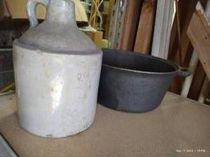 lot 689 image: Cast Iron Dutch Oven & Antique Crock Jug