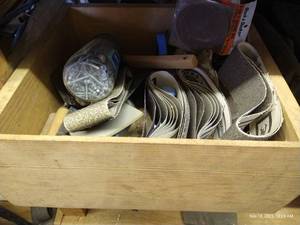 lot 812 image: Box of Sanding PadsStraps, Trowels, Screws, Etc