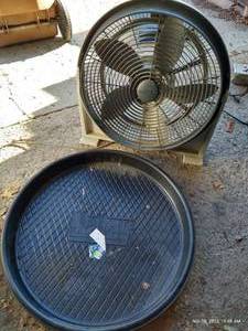 lot 862 image: (2) Plastic Water Heater Pans & A Floor Fan