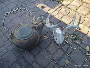 lot 875 image: Cast Iron Water Kettle & Deer Antler Rack