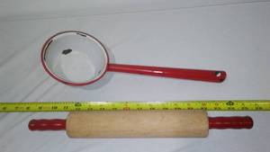 lot 198 image: Vintage Enamelware Ladle and Rolling Pin.