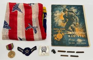 lot 140 image: 1940s United States Marines Camp Lejeune Booklet With Soldiers Writings, Military Metals, Bronze Bars & More