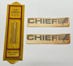 lot 143 image: Vintage St. Paul Laughlins Pest Control Advertisement Thermometer & Vintage Chief Decals