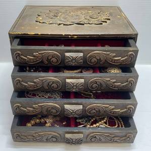 lot 165 image: Hand Carved Wooden Jewelry Box Full Of Misc. Vintage Jewelry