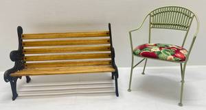 lot 198 image: Miniature Doll Park Bench (Wood & Cast Metal) 15 L x 9 12T x 7D  & Metal Chair 12T x 7 12D x 8W