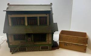 lot 207 image: Very Unique Handmade Electrified Dollhouse ( 29w x 27 12T x 24D NEEDS RESTORATION) With Handmade Wooden Dollhouse Furniture & More