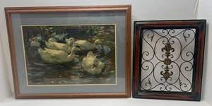 lot 214 image: Large Framed Behind Glass A Koester Swan Print 29 x 38 & Metal Sculpture Frame 20 x 24