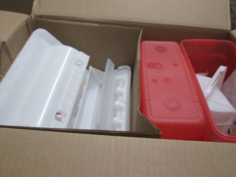 lot 267 image: Case of Sharps Container SharpStar In-Room Translucent Red Base 16-12 H X 13-34 W X 6 D Inch Horizontal Entry 3 Gallon