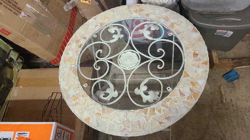 lot 9 image: Stone and glass outdoor table with folding metal legs