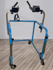 lot 14 image: MSRP $2400 Rifton Upright Rollator Safety Walker Gait Trainer With Adjustable Height Padded Forearm Platforms - Good Working Condition