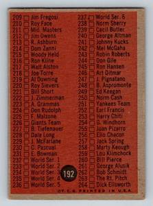 lot 60 image: 1962 Topps Baseball Checklist, unmarked, #192 Vintage Baseball Card