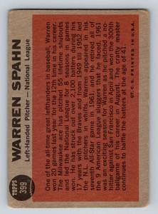 lot 77 image: 1962 Topps Warren Spahn Sporting News #399 Vintage Baseball Card
