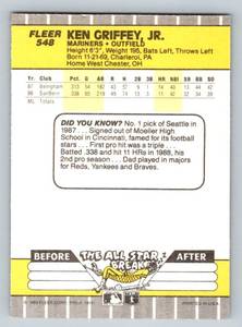 lot 100 image: Ken Griffey Jr RC 1989 Fleer #548 Rookie Baseball Card
