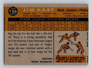 lot 109 image: Jim Kaat RC 1960 Topps #136 Vintage Rookie Minnesota Twins Baseball Card
