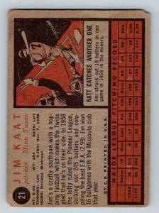 lot 113 image: Jim Kaat 1962 Topps #21 Vintage Minnesota Twins Baseball Card