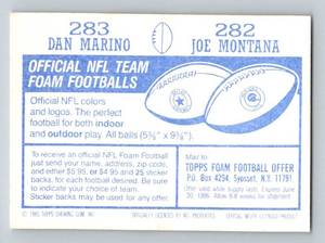lot 149 image: Dan Marino RC  Joe Montana 1985 Topps Sticker #282 and #283 Vintage Football Card