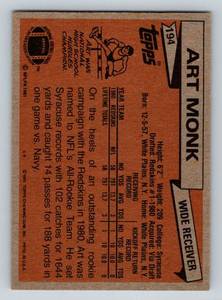 lot 159 image: Art Monk RC 1981 Topps #194 Rookie Vintage Football Card