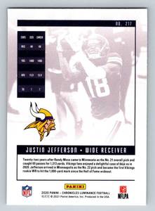 lot 162 image: Justin Jefferson RC 2020 Chronicles Luminance #217 Rookie Minnesota Vikings Football Card