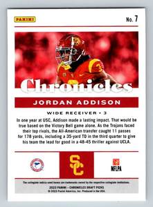 lot 174 image: Jordan Addison RC 2023 Chronicles Draft Picks #7 Rookies Minnesota Vikings Football Card