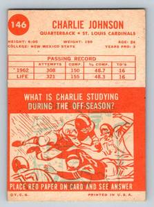 lot 185 image: 1963 Topps Charlie Johnson #146 Vintage Football Card