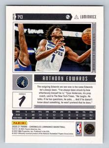 lot 246 image: Anthony Edwards RC 2020-21 Chronicles Luminance #143 Rookie Minnesota Timberwolves Basketball Card