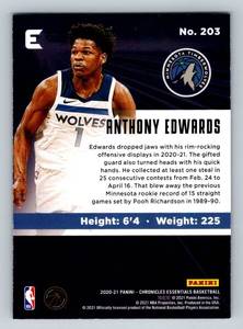 lot 223 image: Anthony Edwards RC 2020-21 Chronicles Essentials #203 Rookie Minnesota Timberwolves Basketball Card