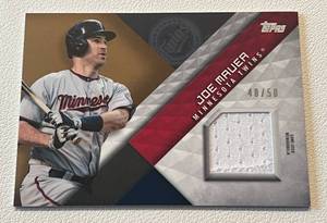 lot 23 image: Joe Mauer Relic 50 - 2018 Topps Major League Material #MLM-JM - numbered 4858 games used Minnesota Twins Baseball Card