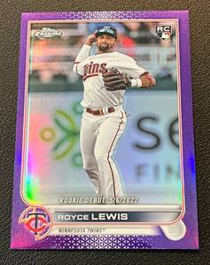 lot 99 image: Royce Lewis RC Purple Refractor 2022 Topps Chrome Rookie Debut #USC79 Minnesota Twins Baseball Card