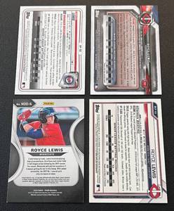 lot 102 image: Royce Lewis 4 Card Rookie Lot - 2018 Bowman Prospect #93, 2020 Bowman Prospect #93, 2021 Bowman Chrome Prospect #63, 2020 Prizm Now On Deck #4 Minnesota Twins Baseball Cards