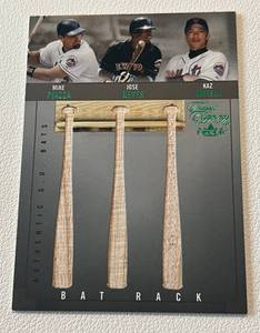 lot 110 image: Triple Bat Relic 175 - Mike Piazza, Jose Reyes, Kaz Matsui - 2004 Fleer Classic Clippings Game Used Bat Rack, numbered 146175 Rare Baseball Card