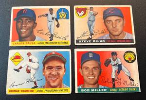 lot 130 image: 1955 Topps Baseball 4 Card Lot #97 Carlos Paula, #93 Steve Bilko #29 Herman Wehmeier, #9 Bob Miller Vintage Baseball Cards