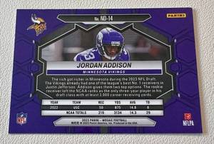 lot 153 image: Jordan Addison RC NFL Debut 2023 Mosaic #ND-14 Rookie Minnesota Vikings Football Card
