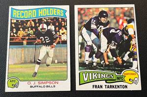 lot 157 image: 1975 Topps 2 Card Lot - OJ Simpson #365 and Fran Tarkenton #400 Vintage Minnesota Vikings Football Cards