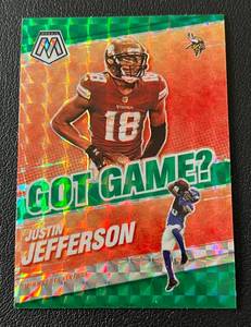 lot 187 image: Justin Jefferson Green Prizm2021 Mosaic Got Game Insert #GG-15 Minnesota Vikings Football Card