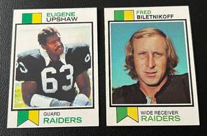 lot 188 image: Oakland Raiders 1973 Topps 2 Card Lot - #50 Eugene Upshaw and #320 Fred Biletnikoff Vintage Football Cards