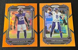 lot 201 image: Kirk Cousins and Andrew Booth Jr. 249 2 Card Lot - 2022 Prizm #187 Cousins numbered 114249 and Boot #387 numbered 208249 rare Minnesota Vikings Football Cards