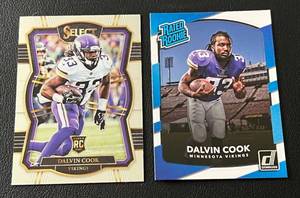 lot 210 image: Dalvin Cook 2 RC Lot - 2017 Select #173 and Donruss Rated Rookie #343 Minnesota Vikings Football Card