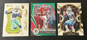 lot 215 image: CeeDee Lamb 3 RC Lot - 2020 Select #57, 2021 Draft Picks #48 Green, 2020 Select Certified #SCR-7 Football Cards