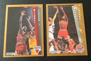 lot 230 image: Michael Jordan 2 Card Lot - 1992-93 Fleer #32 and #238 league Leader Basketball Cards