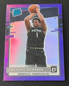 lot 248 image: Anthony Edwards Purple Holo RC 2020-21 Donruss Optic Prizm #151 Rookie Minnesota Timberwolves Basketball Card