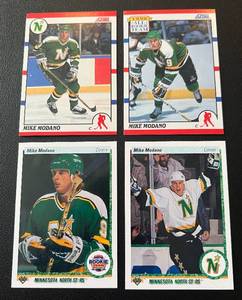 lot 257 image: Mike Modano 4 RC Lot - 1990 Score #120 and #327, 1991 Upper Deck #46 and #346 Rookie Minnesota North Stars Hockey Cards