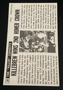 lot 63A image: Harmon Killebrew 1964 Topps Giant #38 Vintage Minnesota Twins Baseball Card