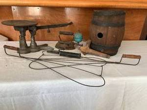 lot 128 image: FARMHOUSE DECOR AUTHENTIC Mercantile Scale, Rug beaters, Wood Barrel and spigot