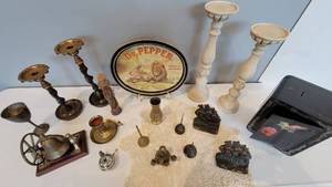 lot 205 image: Brass Bell Bookend, Candlesticks, Dr. Pepper Tray, etc...