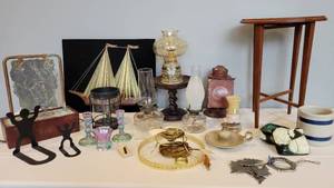 lot 207 image: Oil Lamps, Fountain, Vintage Train Lantern and home decor