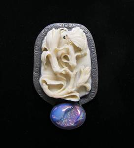 AMY KAHN RUSSELL Handmade Sculptural Brooch Pendant #1 wCarved Flowers &amp Insect
