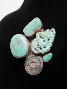 AMY KAHN RUSSELL Handmade Sculptural Brooch Pendant #2 wKorean Coin &amp Carved Amulet